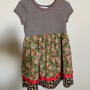 Floral and Striped Dress with Leopard Trim